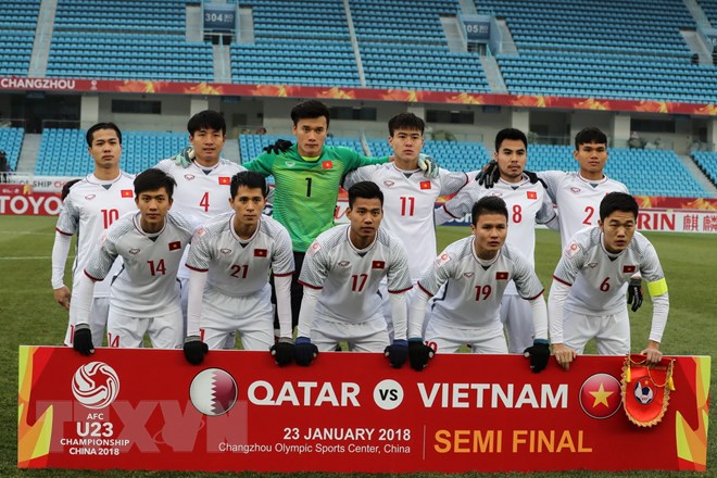 Đội U23 Việt Nam trước trận bán kết gặp U23 Qatar. (Nguồn: THX/TTXVN)
