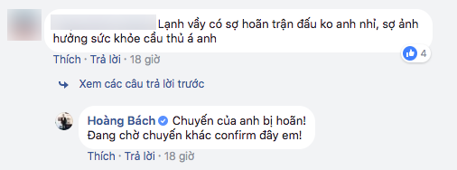 Nam ca sĩ Hoàng Bách cũng cho biết, anh sẽ có mặt tại Trung Quốc để cổ vũ cho U23 Việt Nam tuy nhiên chuyến bay của anh bị hoãn do thời tiết xấu và phải chờ chuyến bay khác.