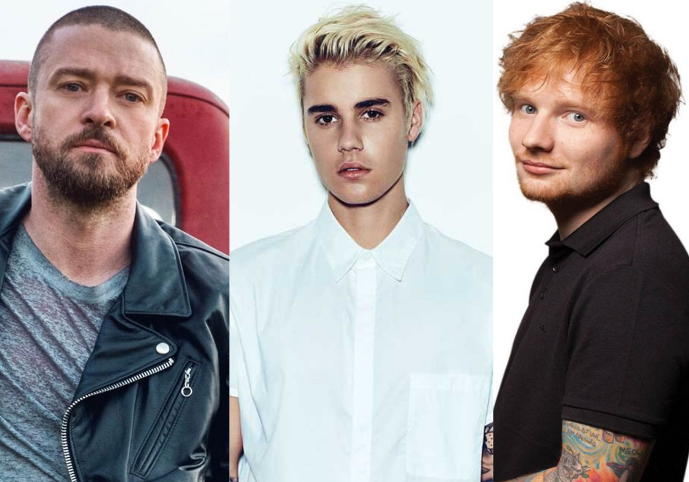 Ba thế hệ nam ca sĩ đại diện cho mỗi thời kỳ âm nhạc, từ trái sang Justin Timberlake (sao nhí Disney, thành viên boyband), Justin Bieber (siêu sao YouTube) và Ed Sheeran (kẻ thống trị streaming).