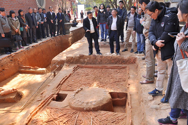 Các nhà khoa học tham quan khu vực khảo cổ tại di tích đền An SInh.