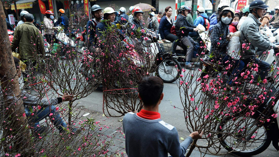 Người dân bán những nhánh hoa đào đón Tết trên đường phố Hà Nội - Ảnh: CNN
