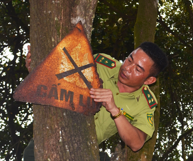 Cán bộ Kiểm lâm huyện Cô Tô thay mới hệ thống biển cảnh báo cháy rừng
