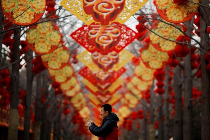 Một người đàn ông chụp ảnh hàng cây được trang trí cho lễ hội mùa xuân trước Tết Nguyên đán tại công viên Địa Đàn ở Bắc Kinh, Trung Quốc.