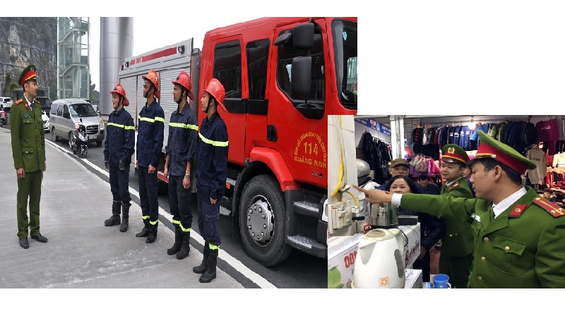Cảnh s PCCC tỉnh chủ động thường trực đảm bảo an toàn PCCC tại Quảng trường 30/10 Hạ Long những ngày Tết và hướng dẫn người dân kiểm tra an toàn PCCC trước khi đóng cửa chợ về nghỉ Tết.