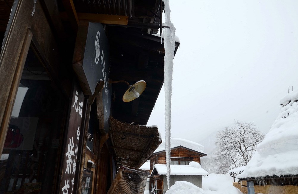 Mùa Đông làng cổ Shirakawago nhìn đẹp lung linh với tuyết trắng, song đây cũng là khoảng thời gian khắc nghiệt nhất trong năm, giọt nước trên mái nhà chưa kịp rơi xuống đất đã đóng thành băng cho thấy có thời điểm nhiệt độ ở đây đã hạ xuống rất thấp. (Ảnh: Tomo/Vietnam+)