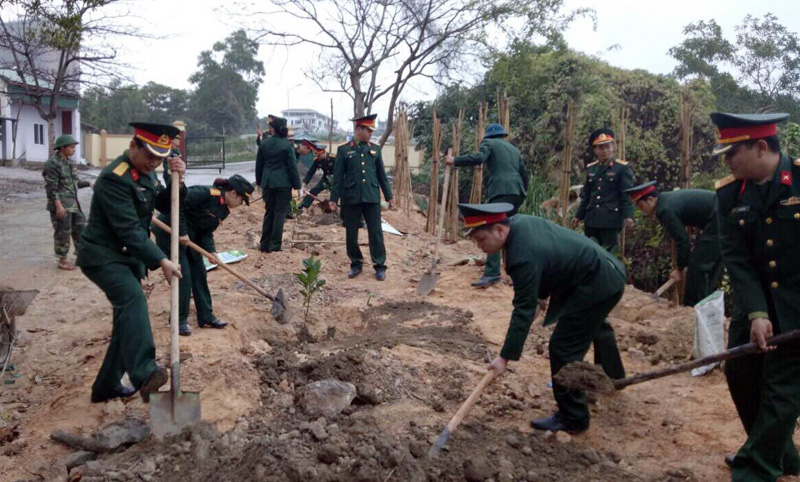 Cán bộ, chiến sĩ Ban CHQS TP Hạ Long tích cực trồng nhiều loại cây xanh xung quanh khu vực đơn vị.