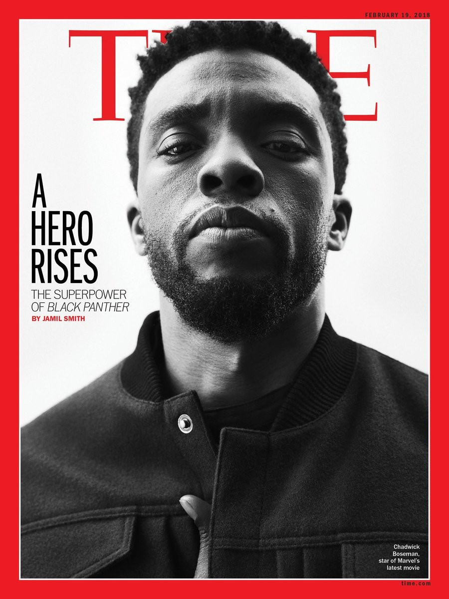 Nam diễn viên da màu Chadwick Boseman trên trang bìa tạp chí Time. Ảnh: Time.