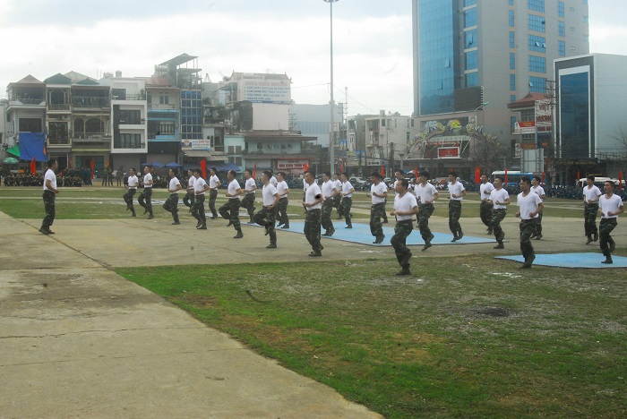 Lực lượng Dân quân tự vệ biểu diễn võ thuật tại lễ ra quân.