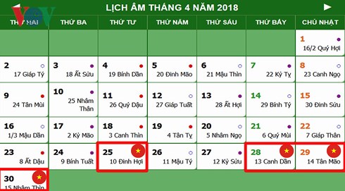 Lịch nghỉ Giỗ Tổ Hùng Vương, 30/4 và 01/5/2018.
