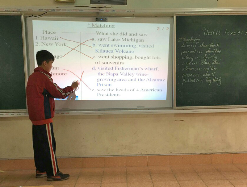 Học sinh lớp 8G, Trường THCS Cửa Ông, TP Cẩm Phả điền bài tập trên bảng tương tác tại phòng học ngoại ngữ của trường.