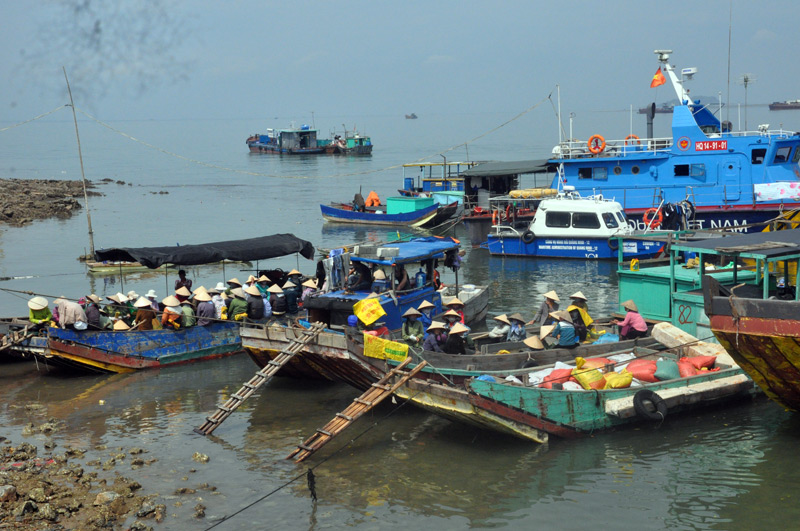 Nhiều phương tiện đò, bè mảng chở ngư dân đi khai thác thủy sản tại  Bến Mũi Ngọc và Vạn Gia có nguy cơ mất an toàn cao.