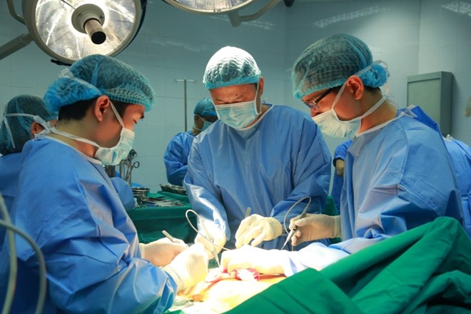 Các bác sỹ Bệnh viện Trung ương Quân đội 108 thực hiện ca ghép phổi. (Ảnh: PV/vietnam+)