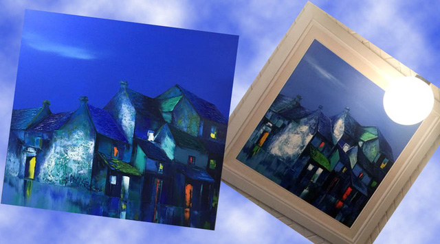 Bức tranh Phố đêm (trái) của họa sĩ Đào Hải Phong và bức tranh giả được treo tại một nhà hàng do họa sĩ vô tình phát hiện và chụp lại - Ảnh: Đào Hải Phong