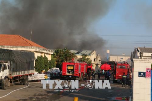 Hỏa hoạn xảy ra tại Công ty TNHH Dệt Hoành Thân Việt Nam, nhiều xe chữa cháy đã được huy động để dập tắt ngọn lửa.