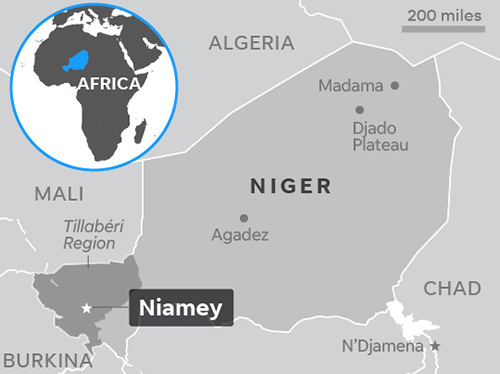 Vụ phục kích xảy ra ở khu vực biên giới tây nam của Niger giáp Mali. Đồ họa: US Today.