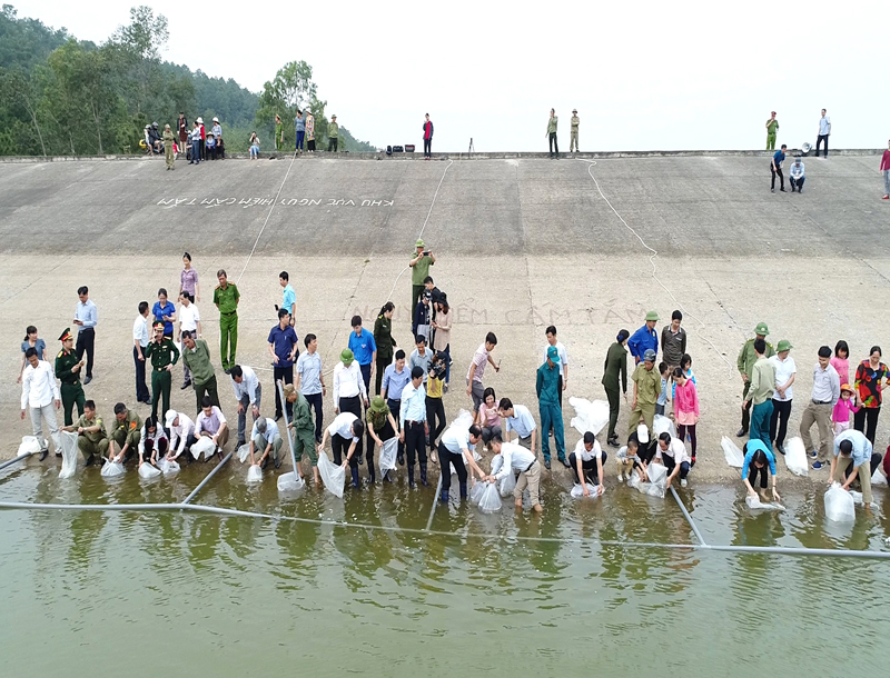 Các đại biểu thả cá tại hồ Yên Trung