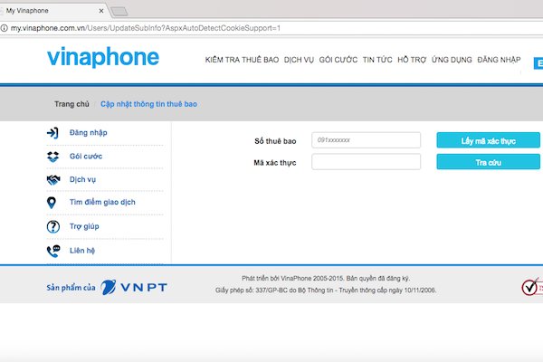Trên trang web VinaPhone, khách hàng có thể tra cứu thông tin thuê bao bằng cách gỏ số điện thoại di động vào ô tra cứu. Ảnh chụp màn hình