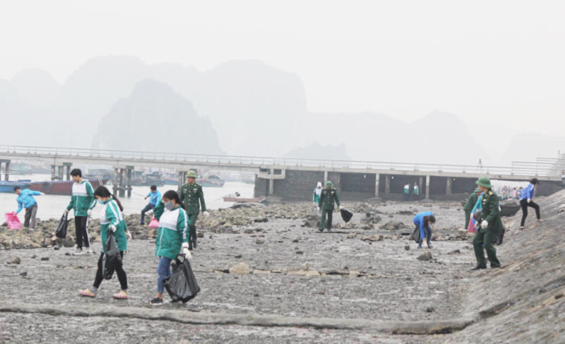 CBCS  dọn vệ sinh tại khu vực bãi biển cột 5, TP Hạ Long. Ảnh: Nguyễn Dung