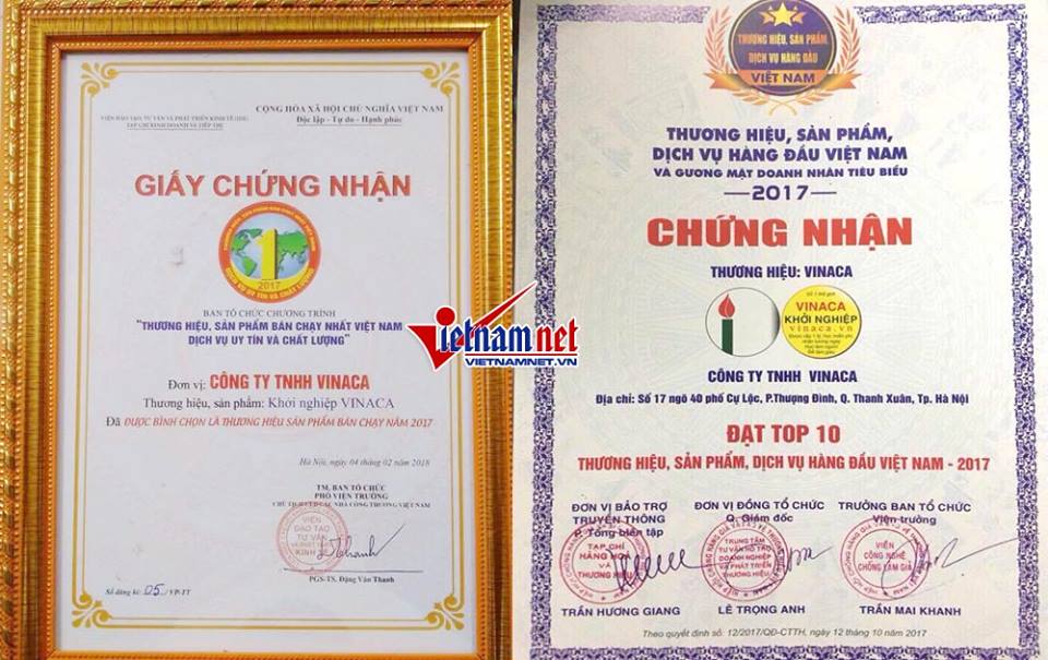 Sản phẩm của Vinaca được vinh danh Top 10 thương hiệu, sản phẩm, dịch vụ hàng đầu Việt Nam 2017