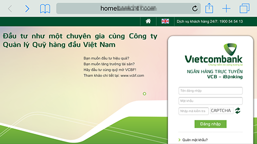 Trang giả mạo giống giao diện dịch vụ internet banking của Vietcombank.