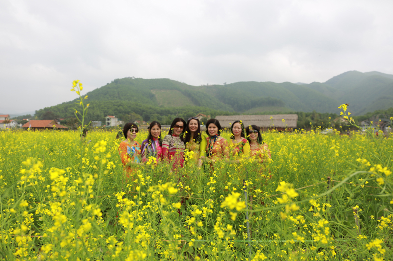 Du khách khám phá vẻ đẹp làng hoa Đồng Chè.
