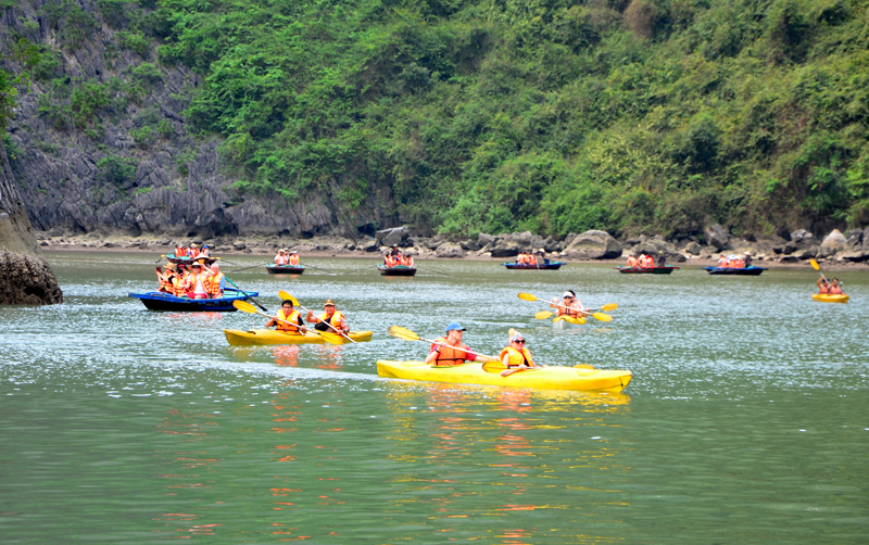 Vịnh Hạ Long, điểm đến du lịch hấp dẫn thu hút khách tham quan. Trong ảnh: Du khách chèo thuyền kayak khám phá Vịnh Hạ Long.