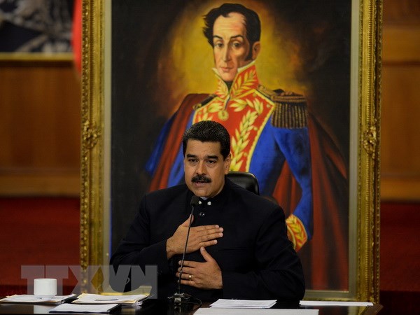 Tổng thống Venezuela Nicolas Maduro trong cuộc họp báo tại Caracas. (Nguồn: AFP/TTXVN)
