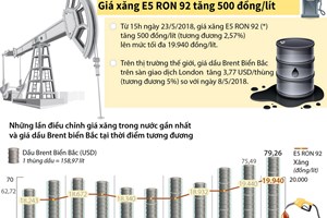 Giá xăng E5 RON 92 tăng sát mốc 20.000 mỗi lít