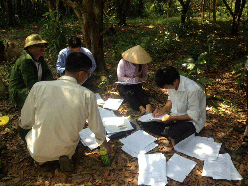 Cán bộ Trung tâm Phát triển quỹ đất huyện Đầm Hà kiểm đếm, lập phương án bồi thường GPMB tại xã Tân Bình.