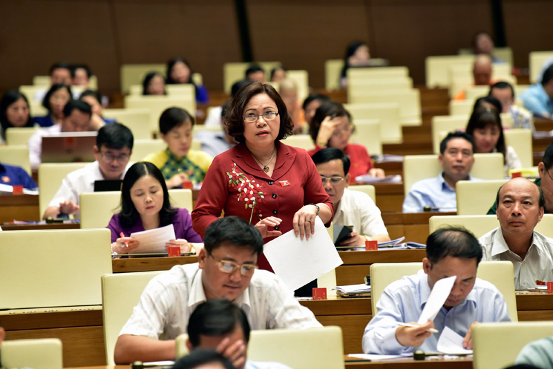Đại biểu Ngô Thị Minh phát biểu tham luận về Dự thảo Luật Tố cáo (Sửa đổi). Ảnh: Quang Khánh (Báo Người Đại biểu Nhân dân) 