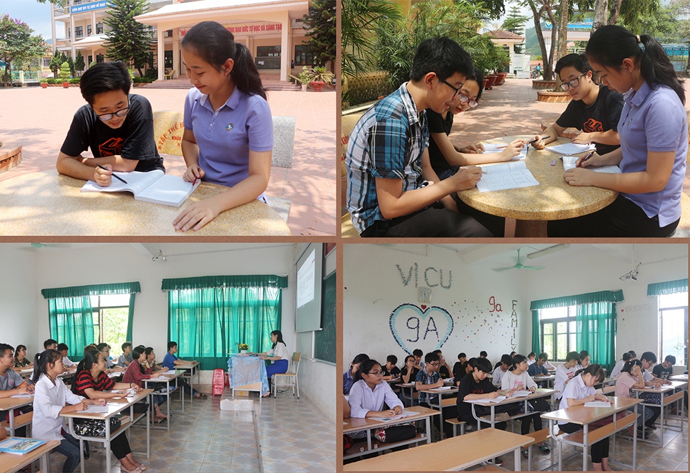 Học sinh lớp 9A, Trường THCS Thị trấn Bình Liêu trao đổi bài