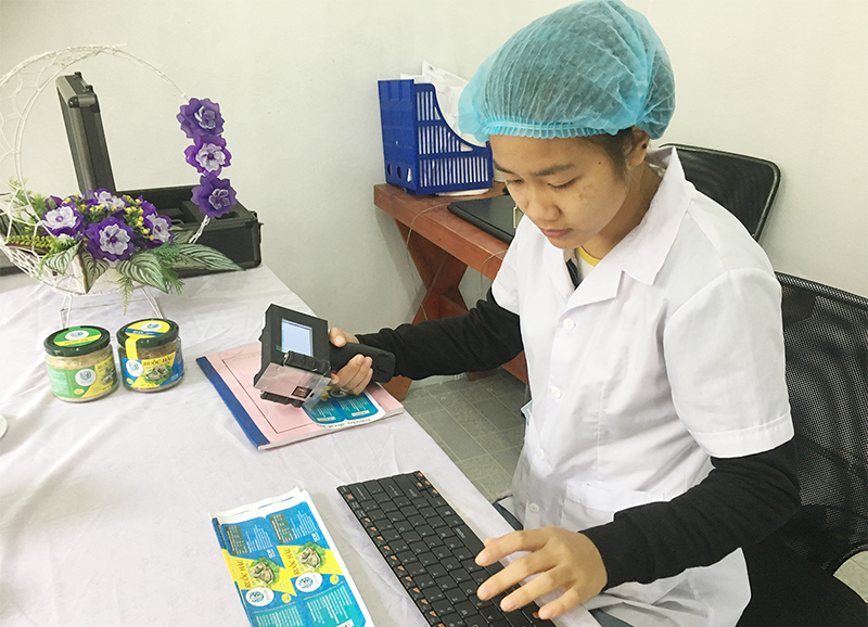 Công nhân Công ty TNHH Sản xuất và thương mại thủy sản Quảng Ninh dập hạn sử dụng trên sản phẩm