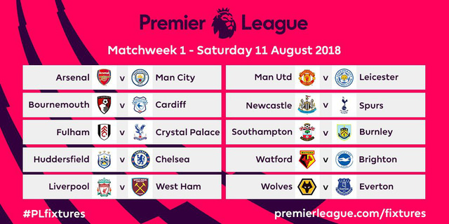 Lịch thi đấu vòng 1 Premier League mùa bóng 2018-2019