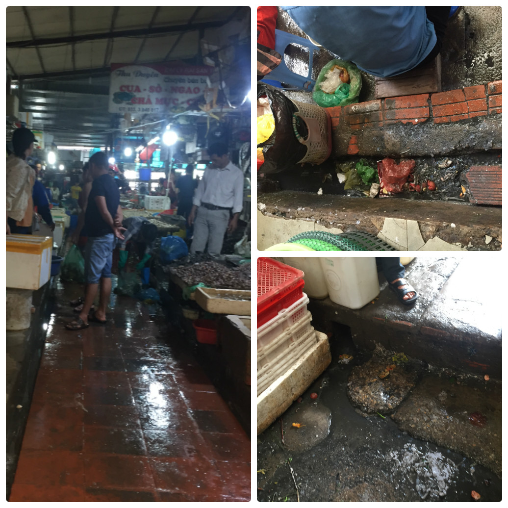 Khu ngành hàng hải sản tại chợ Vườn Đào (TP Hạ Long) luôn trong tình trạng ướt nhẹp, nhớp nháp, nước thải tù úng. Ảnh: Thanh Hoa