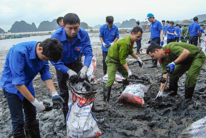 ĐVTN các đơn vị tham gia dọn vệ sinh môi trường biển tại khu vực Bến Do (phường Cẩm Trung, TP Cẩm Phả). Ảnh: Hoàng Giang.