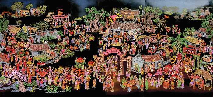 Bức tranh vẽ lễ hội Tiên Công của họa sĩ Vũ Tư Khang mang đậm chất liệu dân gian.