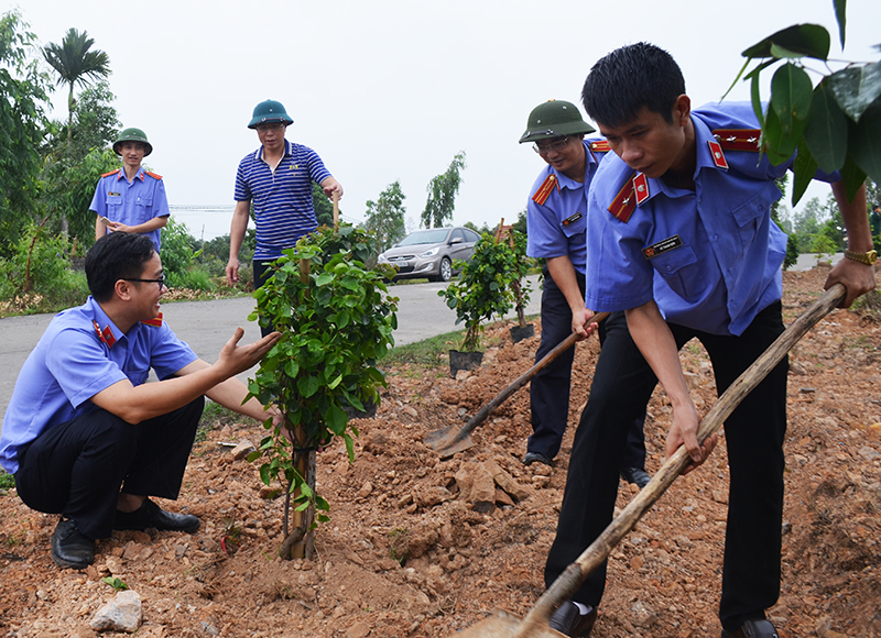 Lực lượng kiểm sát viên tham gia trồng hoa giấy tạo cảnh quan môi trường