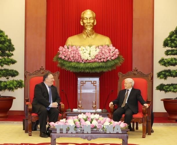 Tổng Bí thư Nguyễn Phú Trọng tiếp Ngoại trưởng Hoa Kỳ Mike Pompeo thăm chính thức Việt Nam. Ảnh: Trí Dũng/TTXVN.