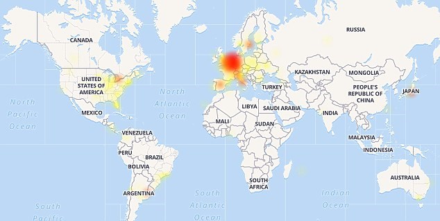 Bản đồ vùng ảnh hưởng sự cố sập mạng Facebook ghi nhận được. (Nguồn: dailymail)