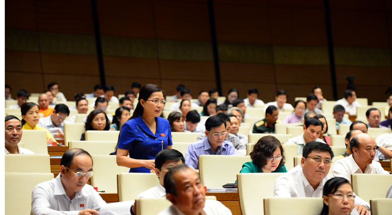 Trưởng Đoàn ĐBQH tỉnh Đỗ Thị Lan phát biểu tham gia xây dựng pháp luật tại kỳ họp lần thứ 5, Quốc hội khóa XIV. Ảnh: Hồng Loan (Báo Đại biểu Nhân dân)