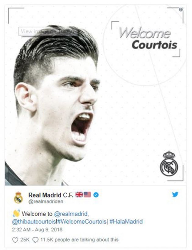  Trang mạng xã hội Twitter của Real Madrid đăng dòng trạng thái chào mừng Thibaut Courtois gia nhập Los Blancos.