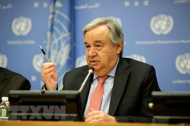 Tổng Thư ký Liên hợp quốc Antonio Guterres phát biểu tại một cuộc họp báo ở New York, Mỹ. (Nguồn: THX/TTXVN)