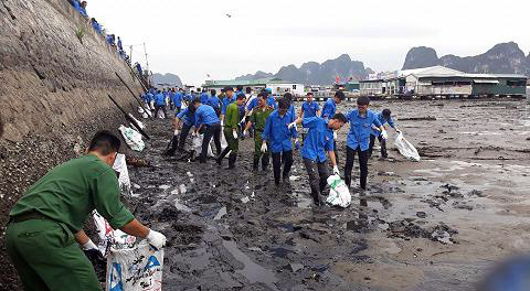 Hưởng ứng Chiến dịch “Hãy làm sạch biển” năm 2018, tuổi trẻ TP Cẩm Phả tổ chức thu dọn rác thải sinh hoạt trên bãi biển thuộc địa bàn phường Cẩm Thủy. Ảnh: Thu Hiền (Thành Đoàn Cẩm Phả)