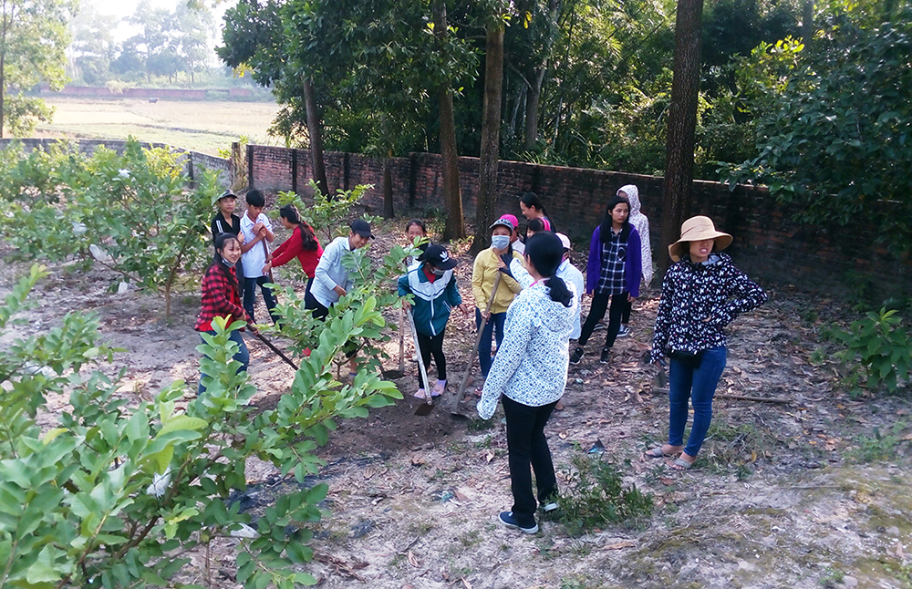 Một giờ học thực hành chăm sóc cây ăn quả của học sinh trường THCS Lê Lợi tại vườn mẫu gia đình bà Lê Thị Nụ, thôn Tân Tiến, xã Lê Lợi.