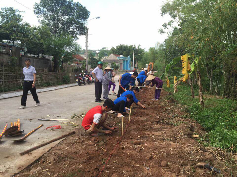 Đoàn thanh niên và người dân xã Tiên Lãng dọn dẹp vệ sinh môi trường và trồng hoa dọc hai bên đường 