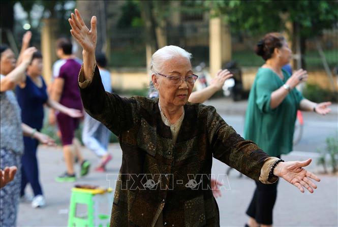 Người cao tuổi tập thể dục dưỡng sinh tại khu vực hồ Hoàn Kiếm. Ảnh: Thành Đạt/TTXVN