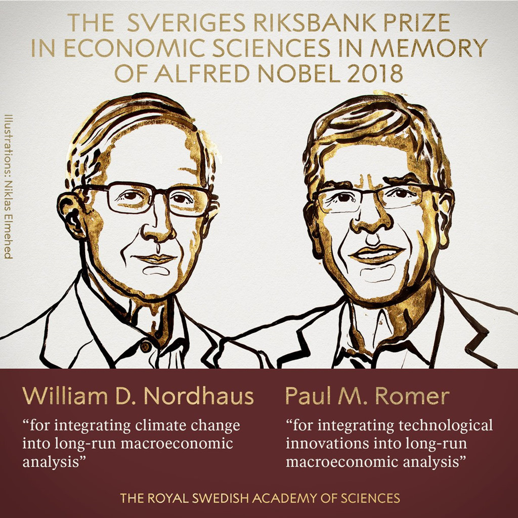 Hai người được trao giải Nobel Kinh tế 2018. Ảnh: Viện Hàn lâm Khoa học Hoàng gia Thụy Điển.