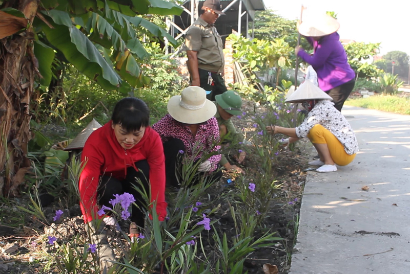 Cán bộ, hội viên Hội phụ nữ phường Cẩm Thịnh hưởng ứng trồng hoa   