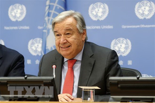Tổng Thư ký Liên hợp quốc Antonio Guterres phát biểu tại cuộc họp báo ở New York, Mỹ. (Nguồn: THX/TTXVN)