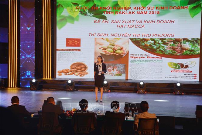 Chị Phương trình bày Đề án “Sản xuất và kinh doanh hạt mắc ca” trong đêm chung kết Cuộc thi Khởi nghiệp, khởi sự kinh doanh tỉnh Đắk Lắk năm 2018.